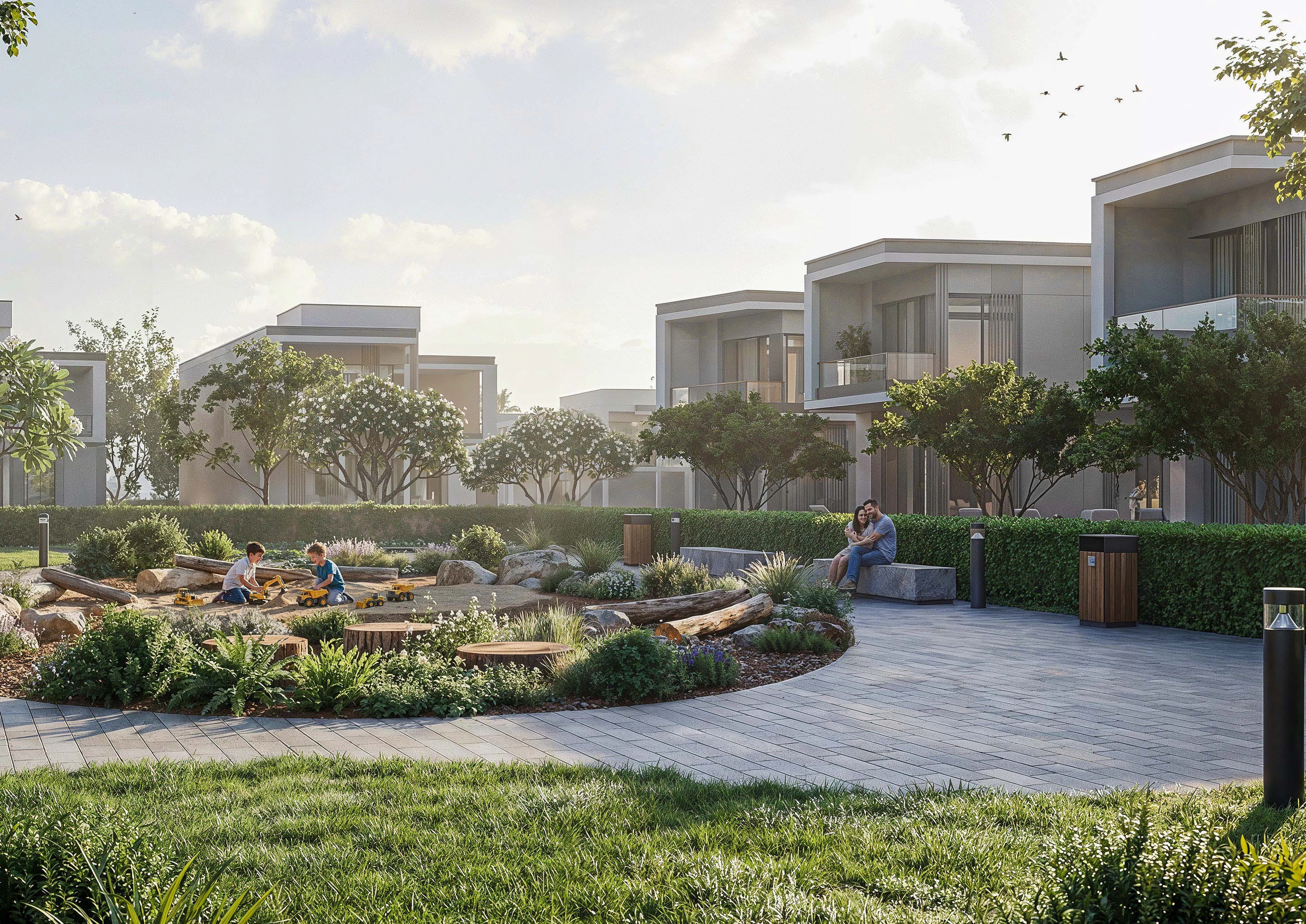 The Woods Abode — community park with sandpit, modern villas, and landscaped pathways