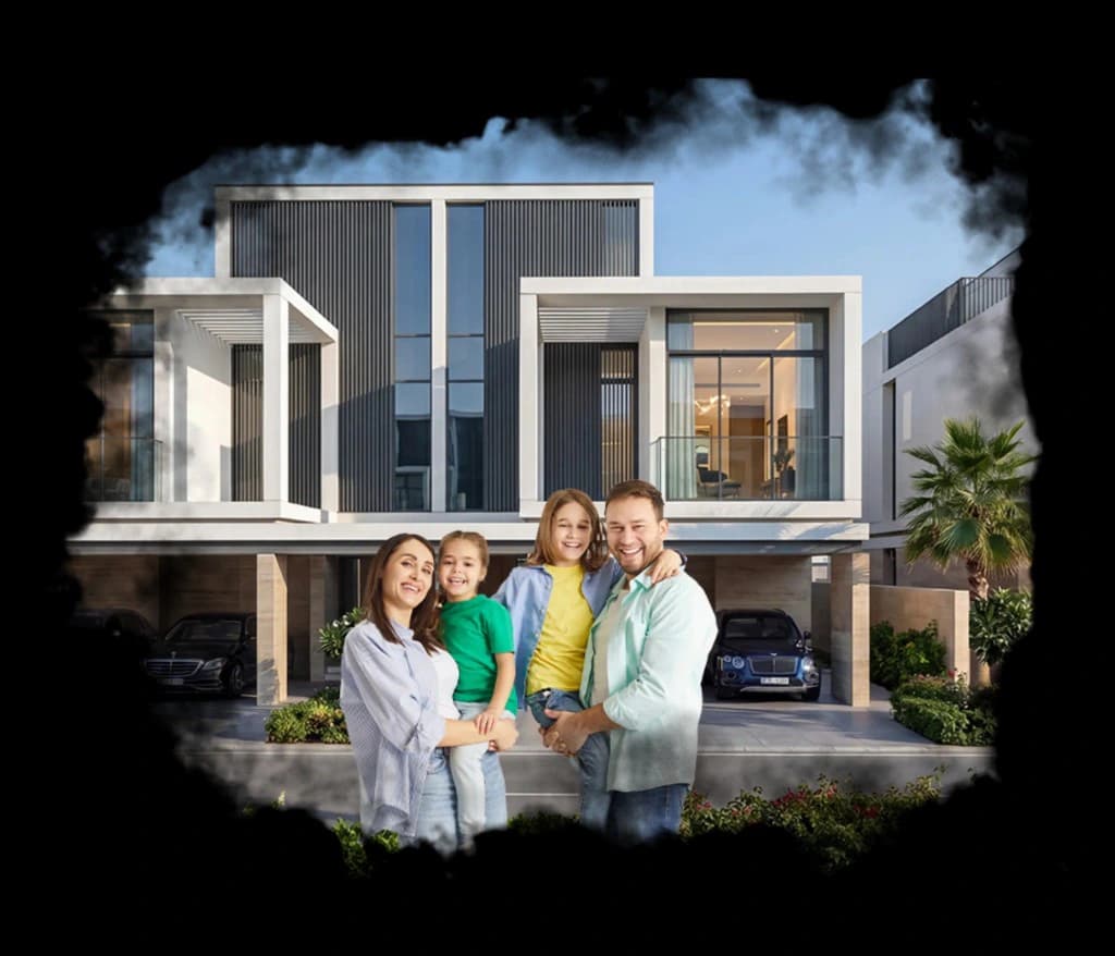 The Brooks — a family of four standing in front of a modern two-storey villa with floor-to-ceiling glass, private garden, and luxury cars in the driveway at Sobha Sanctuary