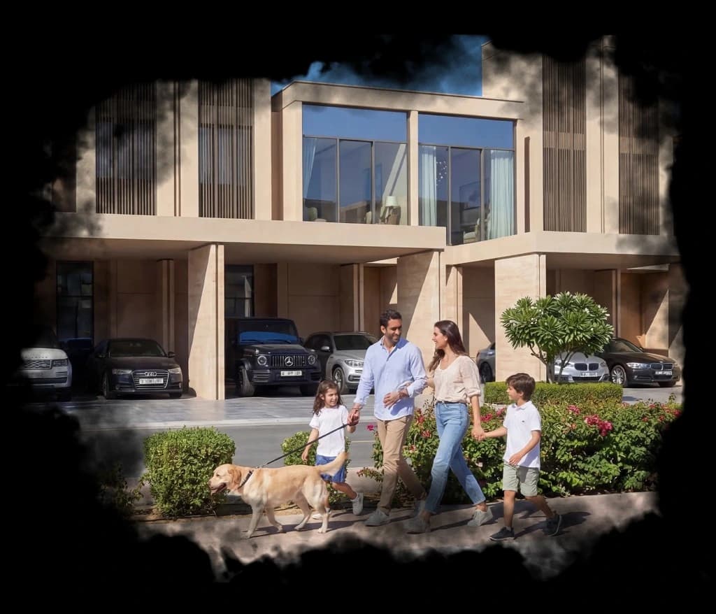 The Greens — a family of four walking their golden retriever along a landscaped sidewalk in front of modern townhouses with manicured hedges and luxury cars at Sobha Sanctuary