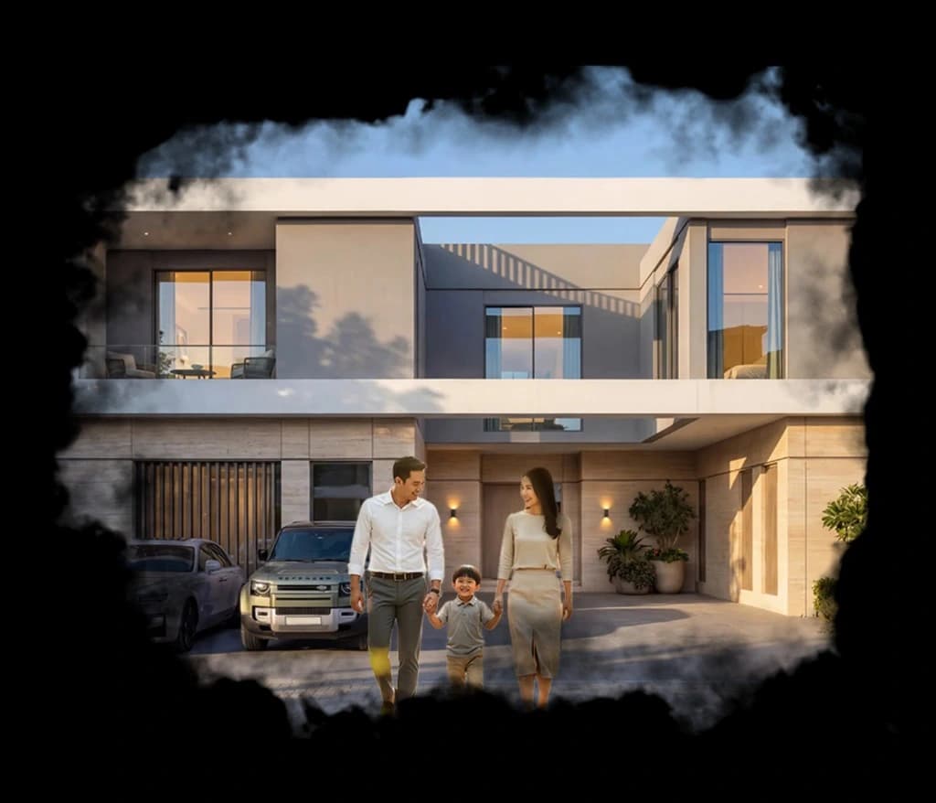 The Grove — a family of three walking hand-in-hand in front of a modern two-storey luxury villa with stone cladding, floor-to-ceiling glass, and luxury cars in the driveway at Sobha Sanctuary