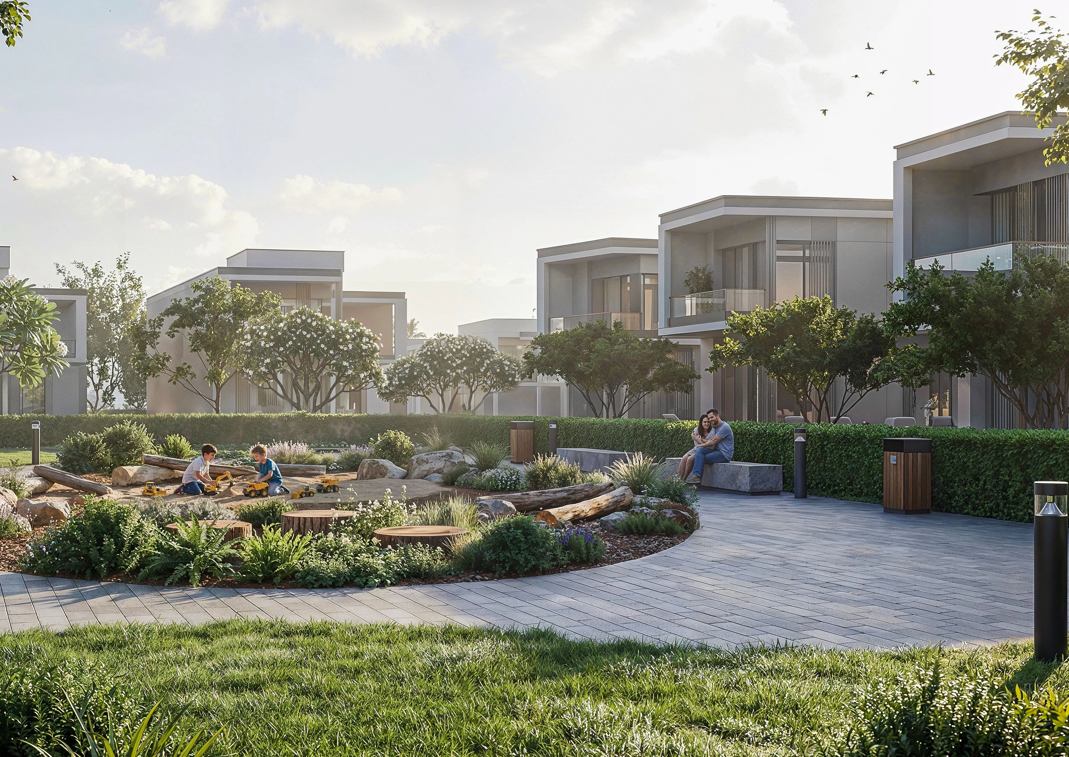Community park with sandpit, villas, and landscaped pathways at The Woods Elysian, Al Yufrah