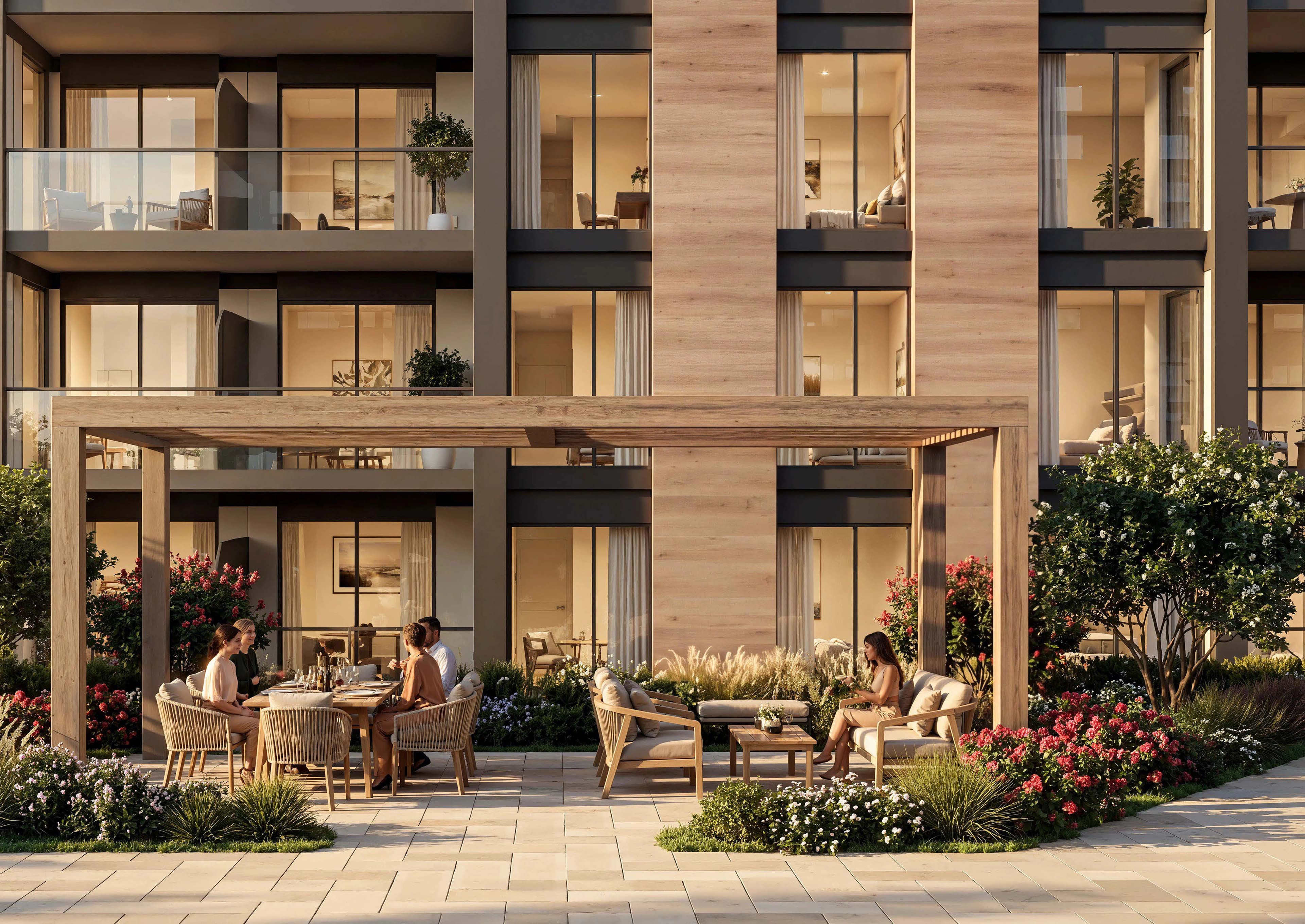 Outdoor Dining at The Woods Exclusive 1 and 2 bedroom residences with outdoor dining and pergola at The Woods Elysian, Dubai