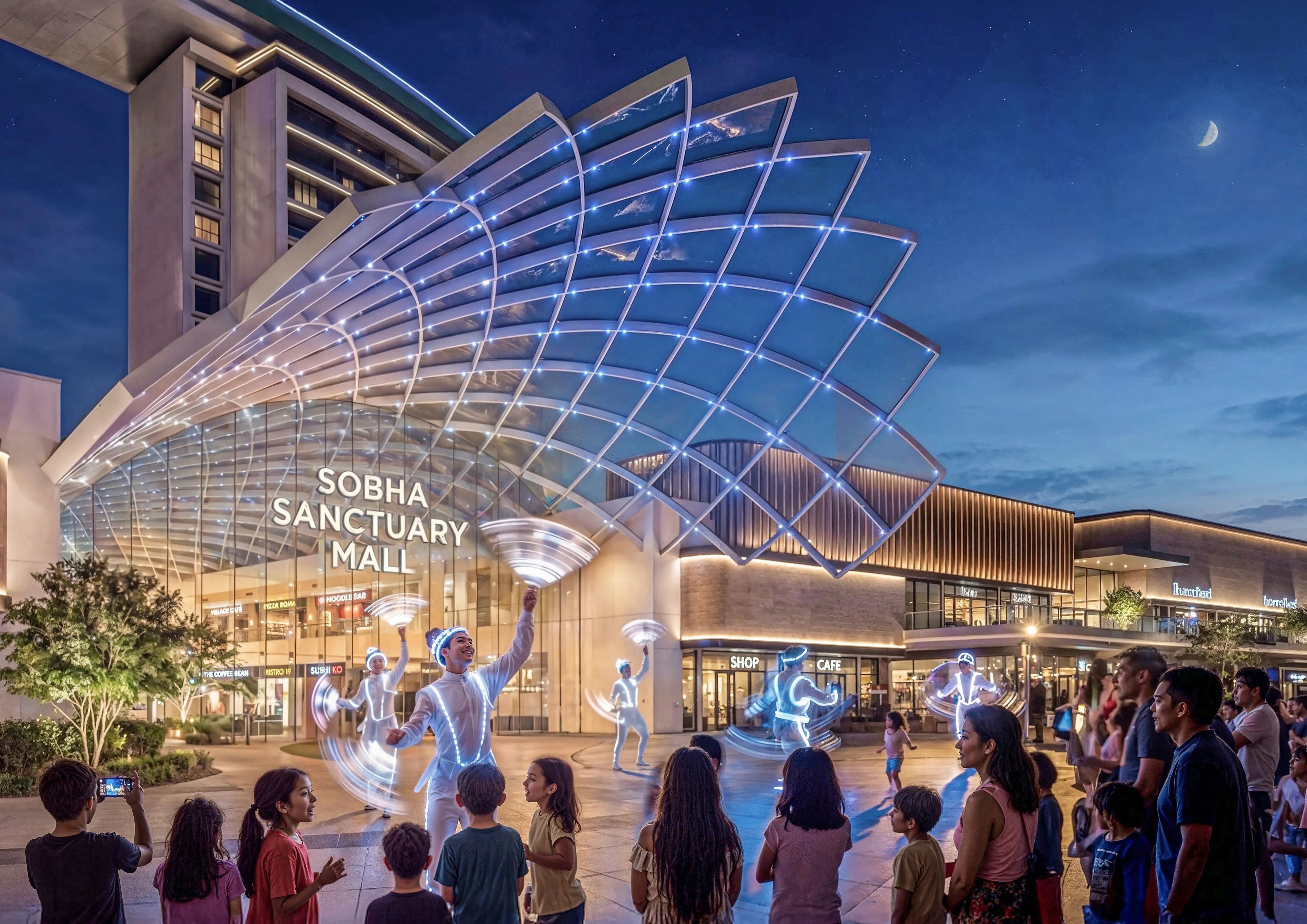 Sobha Sanctuary Mall entrance with illuminated sail canopy and evening community gathering
