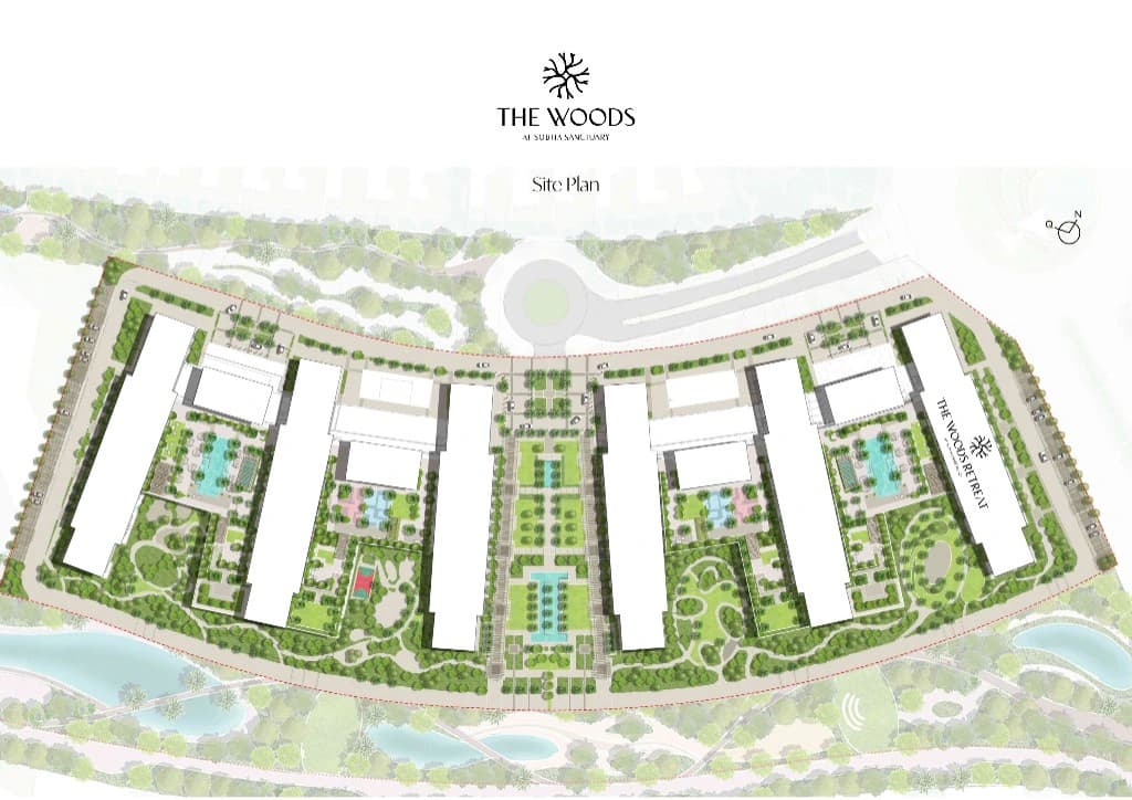 Architectural site plan for The Woods at Sobha Sanctuary, showing building layout, swimming pools, and extensive green landscaping in Al Yufrah, Dubai