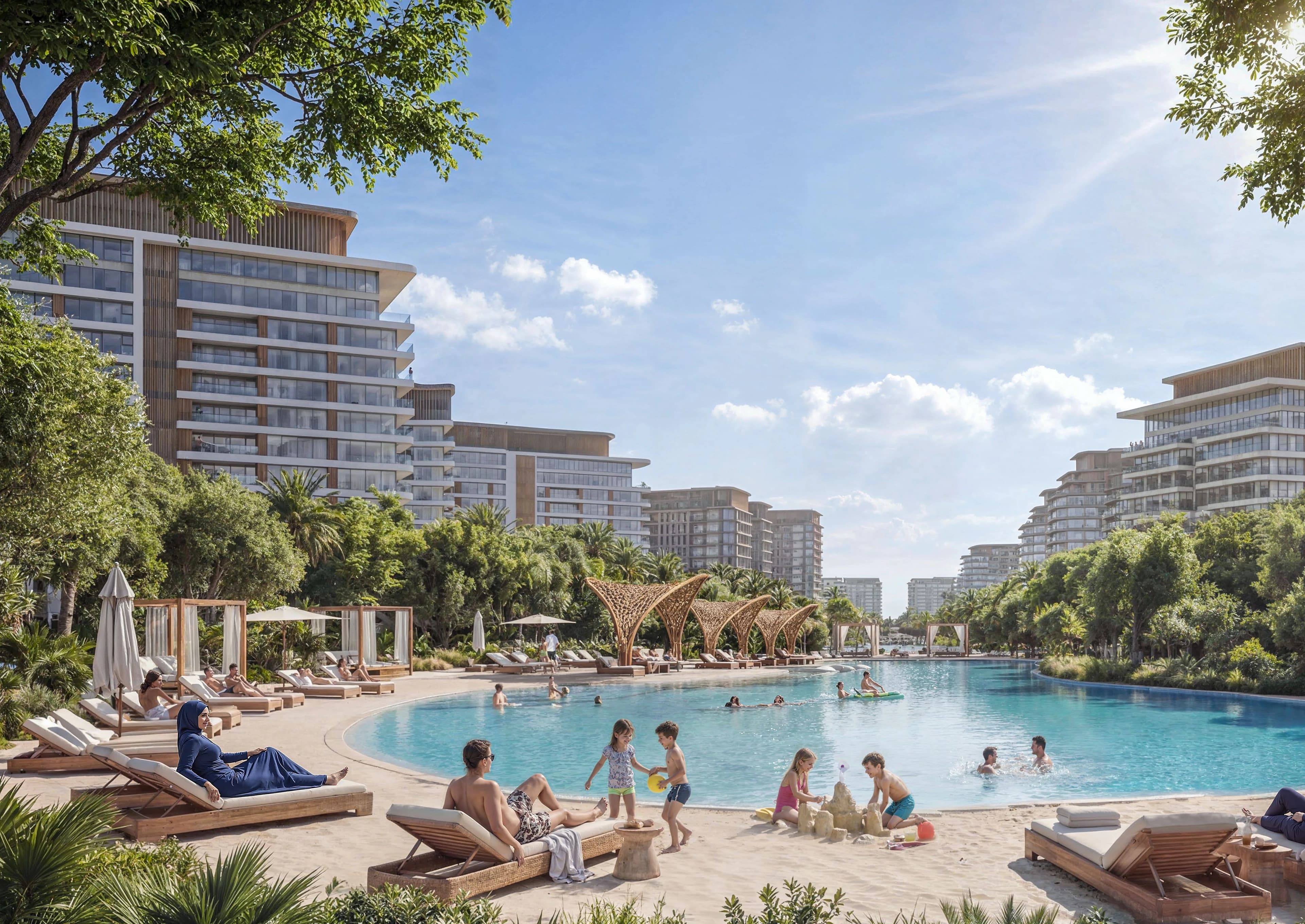The Woods Retreat — lagoon-style pool with sandy beach, cabanas, and premium lounge areas