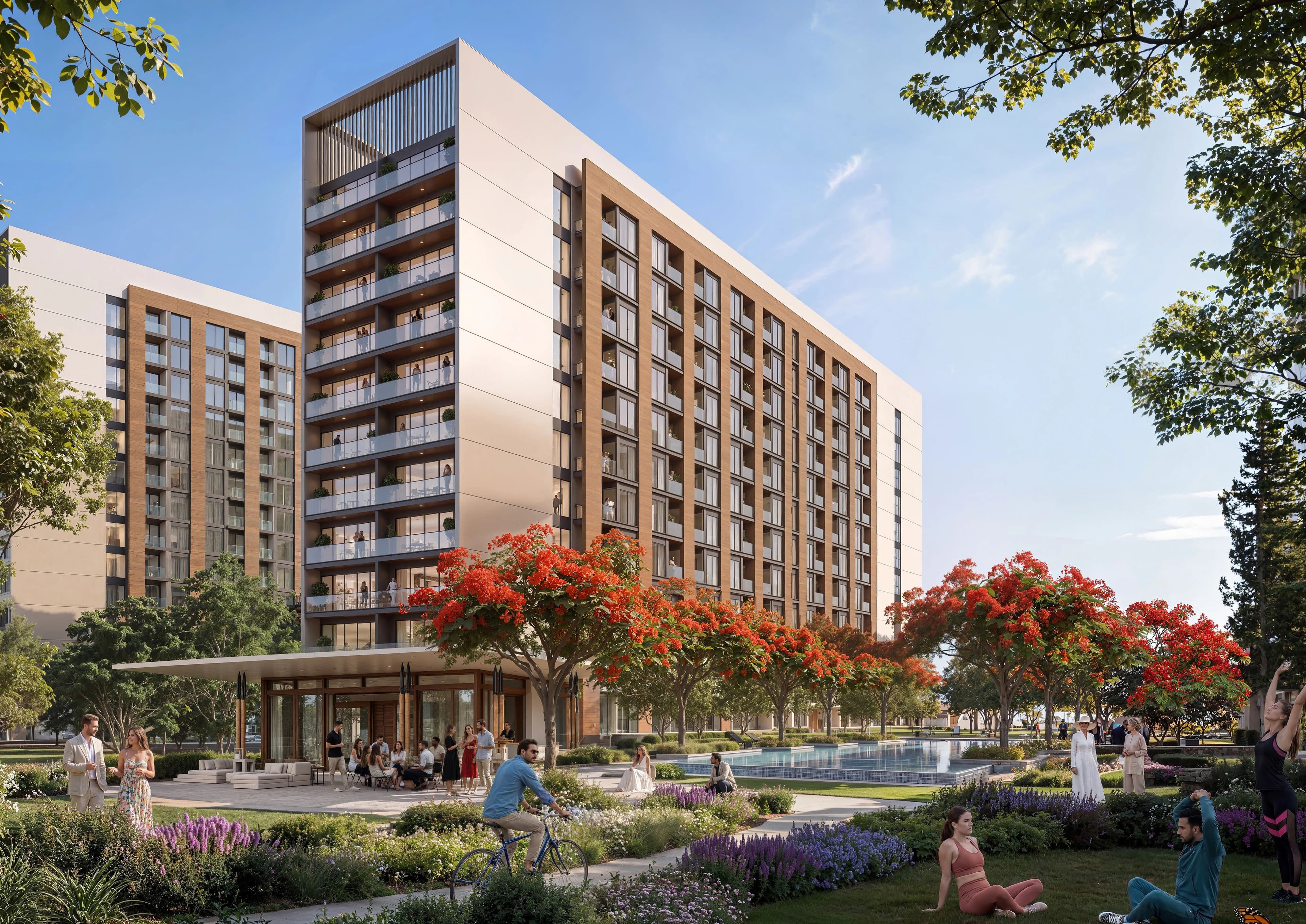 The Woods Retreat — apartment towers with swimming pool, flowering trees, and landscaped gardens
