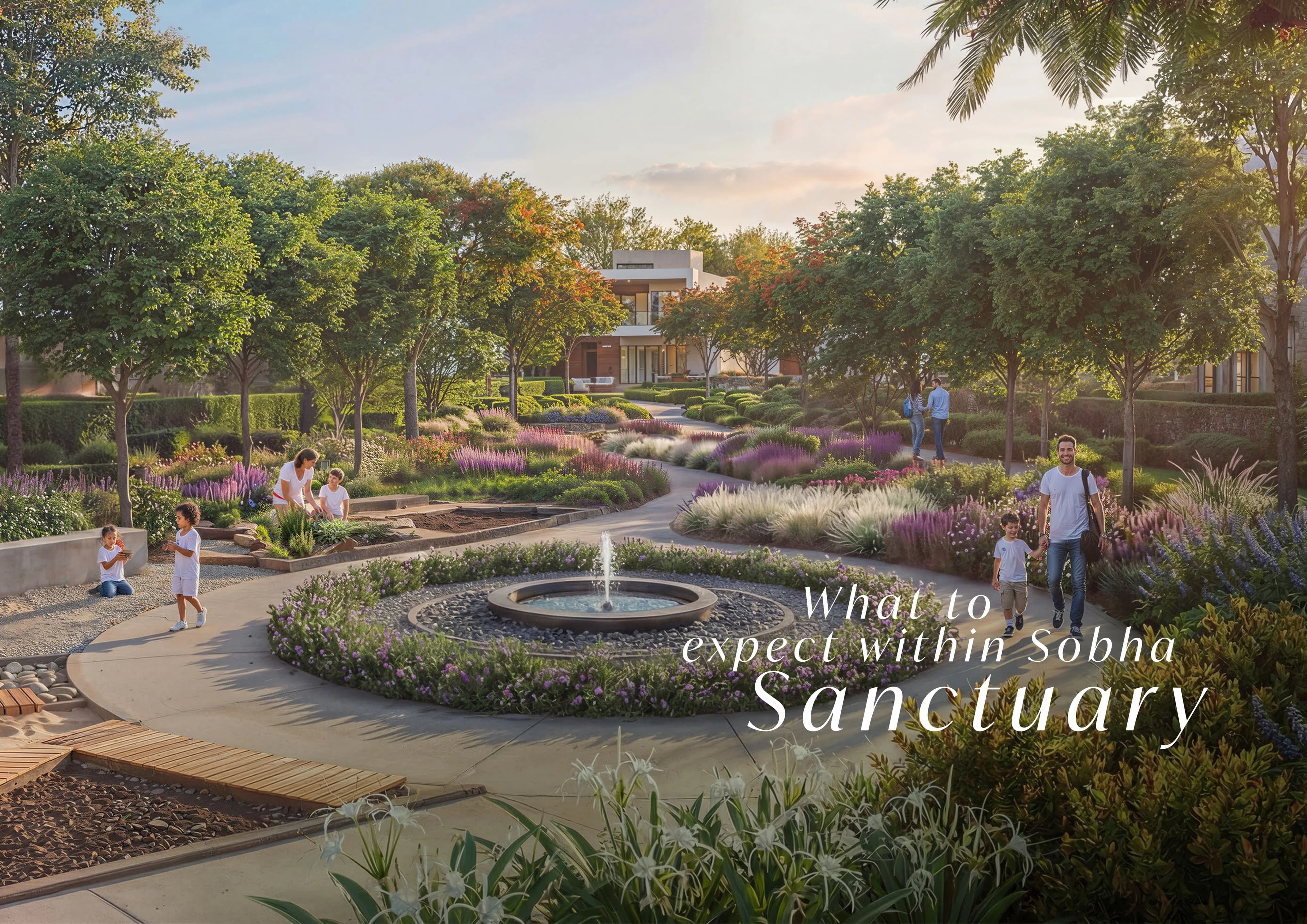 Sobha Sanctuary landscaped park with fountain, pathways, and family spaces
