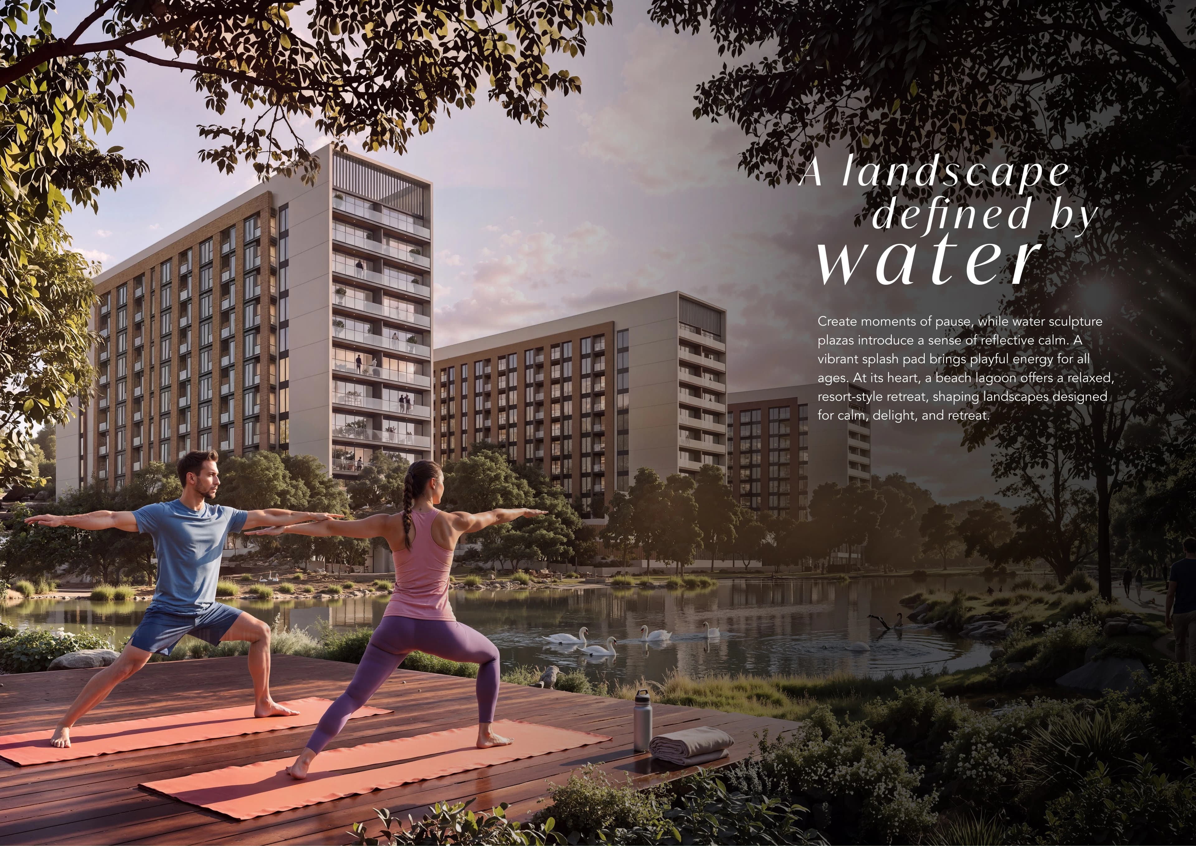 Sobha Sanctuary water landscape with yoga deck, lake, swans, and residential towers