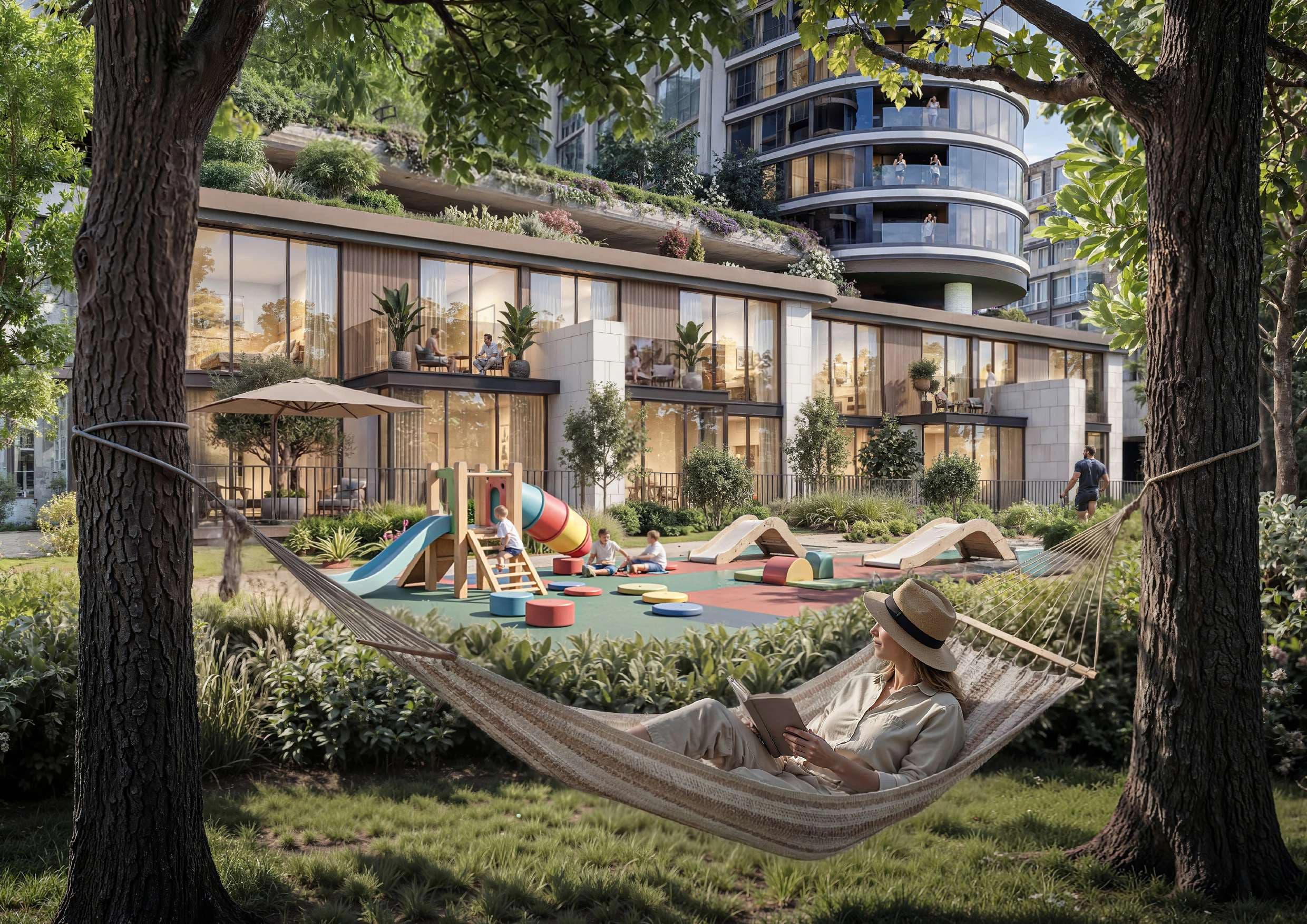 The Woods Serenity — hammock and children's playground within a landscaped courtyard