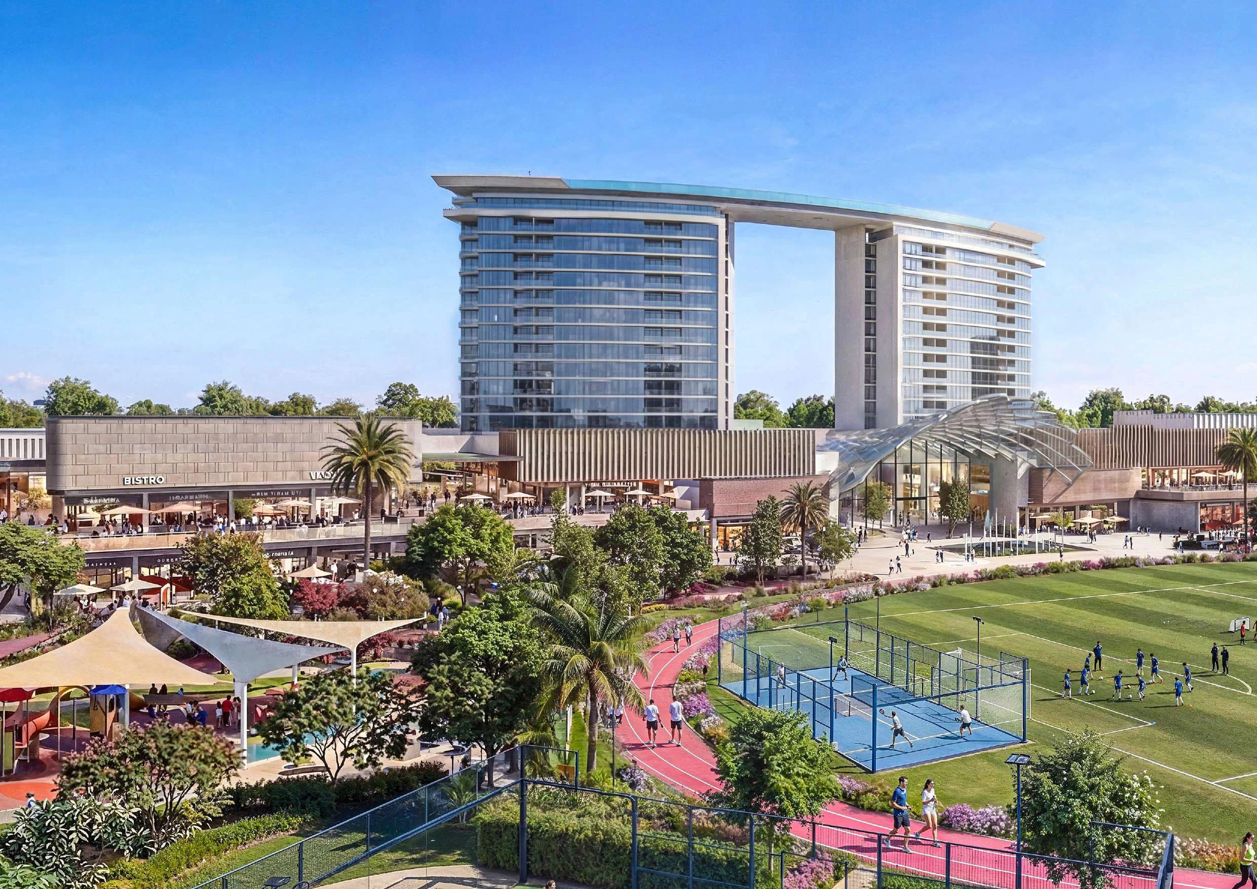 The Woods Serenity — outdoor fitness zones with skybridge towers, sports courts, and bistro