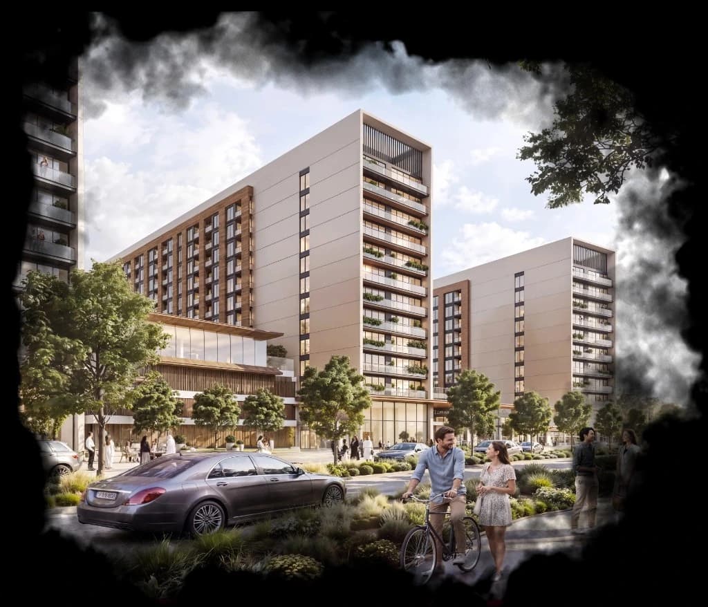 The Woods Serenity — street-level architectural rendering of apartment towers with lush landscaping, glass balconies, and residents cycling and walking through a vibrant outdoor community