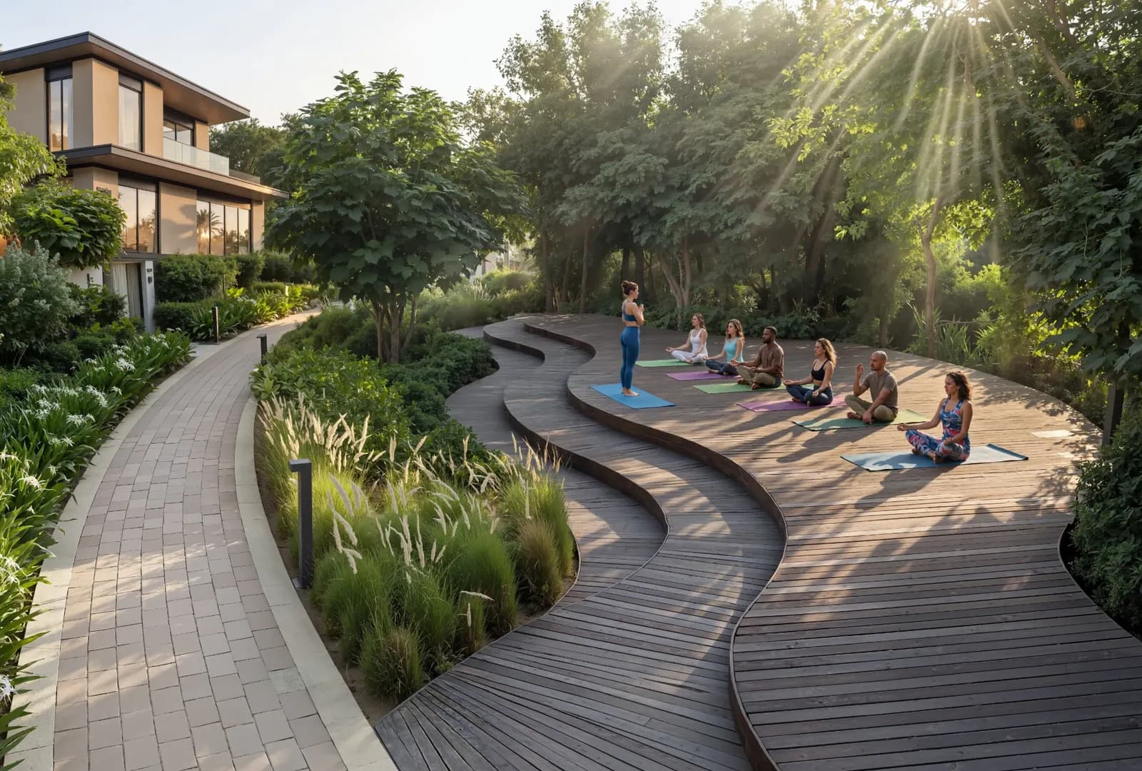 Official Sobha Realty marketing image of an outdoor wellness deck at Sobha City Abu Dhabi.