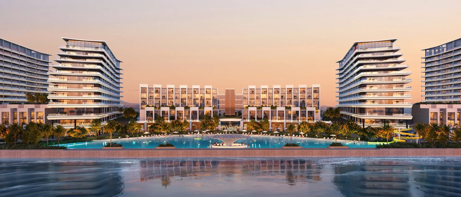 Official Sobha Realty marketing image of River Cove Residences at Sobha City Abu Dhabi, showing apartment buildings beside a lagoon.