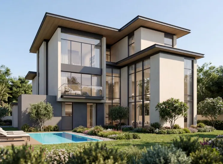 Official Sobha Realty marketing image of an estate villa with a private pool at The Orchard in Sobha City Abu Dhabi.